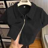 Women Double Zipper Polo Crop Top Short Sleeve Ribbed Knit T Shirt Summer Slim Fit Lapel Casual Crop Tee