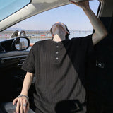 Men Vertical Rib Knit Henley T Shirt Button Placket Crew Neck Short Sleeve Loose Fit Soft Knitted Tops for Daily Streetwear