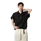 Men Lapel Collar Drop Shoulder Pocket Loose Short Sleeve Button Down Shirt