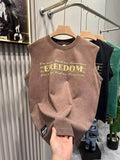 Vintage Suede Feel Printed Sleeveless T Shirt Men Loose Crew Neck Cut Off Tank Top Streetwear Casual Vest