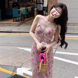 Women Pink Floral Print Spaghetti Strap Maxi Dress Lace Trim V Neck Tie Front Slim Fit Long Dress