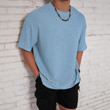 Men Waffle Hollow Knit T Shirt Solid Crew Neck Loose Fit Breathable Short Sleeve Streetwear Casual Top