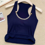 Ribbed Knit U Neck Crystal Beaded Racerback Tank Top Women Sleeveless Padded Slim Fit Camisole