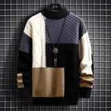 Men Color Block Patchwork Cable Knit Sweater Half Turtleneck Long Sleeve Retro Color Contrast Pullover Streetwear Jumper