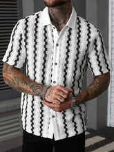 Men Textured Knit Short Sleeve Shirt Contrast Collar Striped Button up Shirt Vintage Casual Summer Shirts for Men