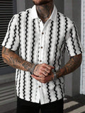 Men Textured Knit Short Sleeve Shirt Contrast Collar Striped Button up Shirt Vintage Casual Summer Shirts for Men