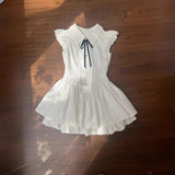 Preppy Style White Lapel Mini Dress Women Ruffle Cap Sleeve Lace Trim Black Bow Tie Button Decor a Line Cute Lolita Dress