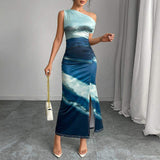 Summer Sleeveless Dress Slant Shoulder Printed Slim-fit One-step Dress Women's Dress