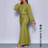 Glitter Long Sleeve Round Neck Mermaid Skirt Two Piece Set Women Elegant Banquet Evening Formal Maxi Dress