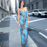 Women Spaghetti Strap V Neck Maxi Dress Blue Floral Leopard Print Bodycon Mixi Dress Slim Fit Long Dress