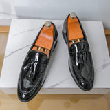 Mens Luxury Shiny Pink Patent Leather Tassel Loafers Metallic Magenta Slip on Dress Shoes for Wedding Prom Party Stage Look