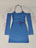 Neck and Waist Straps Mini Dress Slim-fit Sheath Dress Solid Cami Dress