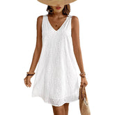 Women Eyelet Embroidery Sleeveless Mini Dress V Neck Lace Strap Casual Summer Beach Shift Dress