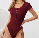 New Arrival Women's Black Ribbed Knit Short Sleeve Bodysuit with Button Detail & Scoop Neck for Daily Wear