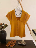 Women Lapel Cap Sleeve Knit Top Single Breasted Button Irregular Curved Hem Slim Fit Solid Casual Summer Cropped Knitted Blouse