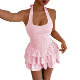 Women Halter Square Neck Corset Waist Mini Skort Dress Multi Layer Ruffle Hem Summer Casual Club Outfits 5 Colors Available
