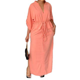 Stand Collar Drawstring Waist Side Split Long Kaftan Dress Women Loose Summer Casual Maxi Robe Dress