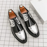 Men Patent Leather Wingtip Brogue Dress Shoes Gold Metallic Accent Lace up Formal Evening Event Comfort Fit Insole