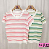Knitted Graphic Tee Ice Silk Tops for Women Streak Short Sleeve Top