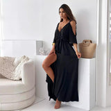 Cold Shoulder V Neck Split Maxi Dress Women Solid Hot Pink Drape Flowy Loose Fit Summer Beach Holiday Long Sundress