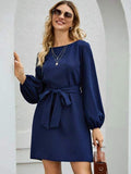 Boat Neck Puff Sleeve Waist Tie Belt Mini Dress Women Casual Summer Solid Color Short Sundress