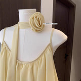 New Summer Women's Sleeveless Top Gentle Blue Irregular Camisole with Floral Streamers Youthful Design