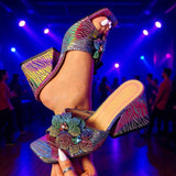 Evening Party Sequin Sparkle Women's Sandals with Chunky Heel & Floral Details