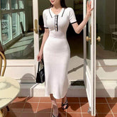 Women's Knit Ribbed Midi Dress, Elegant Short Sleeve Bodycon Sweater Dress with Button Detail for Office & Casual Wear