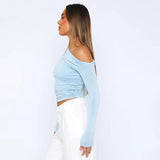 Oblique Shoulder Long-sleeved Top Dissymmetry Crop Top Slim-fit Long-sleeved T-shirts