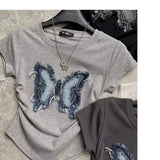 Women Fringe Butterfly Patch T Shirt Crew Neck Side Ruched Curved Hem Slim Fit Short Sleeve Multi Color Y2K Casual Crop Tops