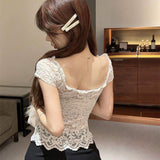 2026 French Retro Lace Crochet Bow Square Neck Short-sleeved Women's T-shirt Summer Slimming Trendy Top