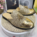 Brogue Design Glitters Tassels Loafers Fashion Golden Color Men Dress Shoes Half Loafers
