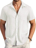 Men Vertical Striped Textured Short Sleeve T-Shirt Lapel Collar Chest Pocket Button Down Loose Summer Blouse