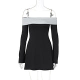 Black White Off Shoulder Long Flare Sleeve Mini Dress Bodycon A-Line Party Dress for Women