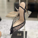 Women's Lace Rhinestone Slingback Heels Pointed Toe Stiletto Sandals for Wedding Party Evening