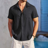 Men Vertical Striped Textured Short Sleeve T-Shirt Lapel Collar Chest Pocket Button Down Loose Summer Blouse