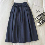 Women Elastic High Waist Gathered Midi Skirt Solid Loose A-Line Flowy Long Skirt Minimalist Casual Daily Ladies Swing Skirt