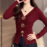 V-Neck Knit Long Sleeve Top with 3D Rose Appliques, Ruched Front and Slit Hem for Women