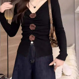 V-Neck Knit Long Sleeve Top with 3D Rose Appliques, Ruched Front and Slit Hem for Women