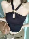 Women Built-in Padded Metal Ring Halter Tank Top Front Keyhole Cutout Side Ruched Slim Fit Cropped Sleeveless Camisole Vest
