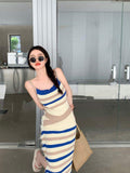 Ribbed A-line Dress Knitted Contrasting Colors Bodycon Dress Slit Sexy Cami Dress