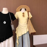 Women Solid Round Neck Short Sleeve T-shirt Irregular Ruffle Hem Ruched Side Slim Fit Asymmetric Casual Blouse Going Out Tops