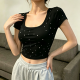 Women Pure Sweet Spicy Style Rhinestone Short Sleeve T-Shirt Sexy U-Collar Clavicle Cutout High-end Design Waist Top