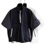 Men Half Zip Stand Collar Drawstring Hem Cargo Pocket Short Sleeve Pullover Top
