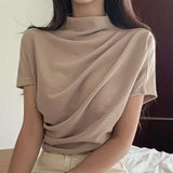Women Mock Neck Draped Ruched Waist Short Sleeve Knit Top Slim Fitted Elegant Casual Blouse