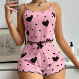 Classic Hot Selling Style Women's love Printed Suspender Shorts Two-piece Set Home Clothes