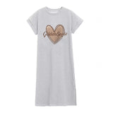 Women Crew Neck Heart Cutout Print T Shirt Dress Loose Oversized Casual Long Tee Dress Home Loungewear