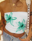 Women Tropical Hibiscus Floral Print Tube Top Ruched Side Slim Fit Strapless Cropped Cami Summer Y2K Streetwear Top