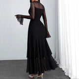 Mesh Long Sleeve Polka Dot Maxi Dress Women Ruffle Flare Sleeve High Slit Mermaid Evening Dress