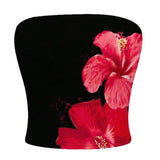 Women Tropical Hibiscus Floral Print Tube Top Ruched Side Slim Fit Strapless Cropped Cami Summer Y2K Streetwear Top